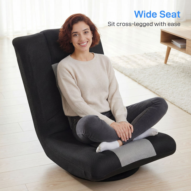 Folding Floor Chair With Swivel Base And Adjustable Backrest For Lounge Comfort Black