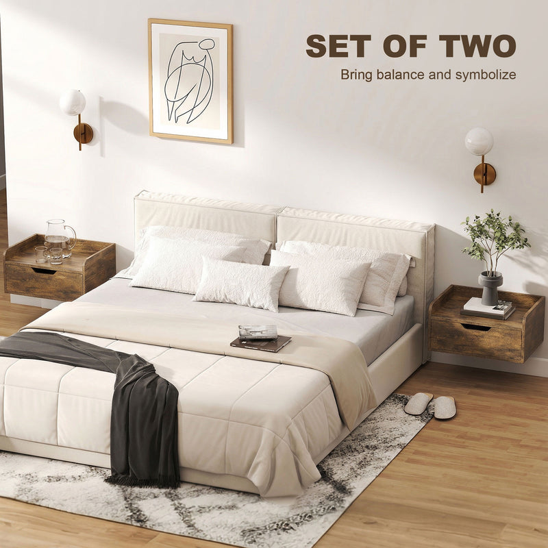 Floating Bedside Tables Set of 2 with Drawer and Shelf for Space Saving Bedroom Storage Rustic Brown AOSOM