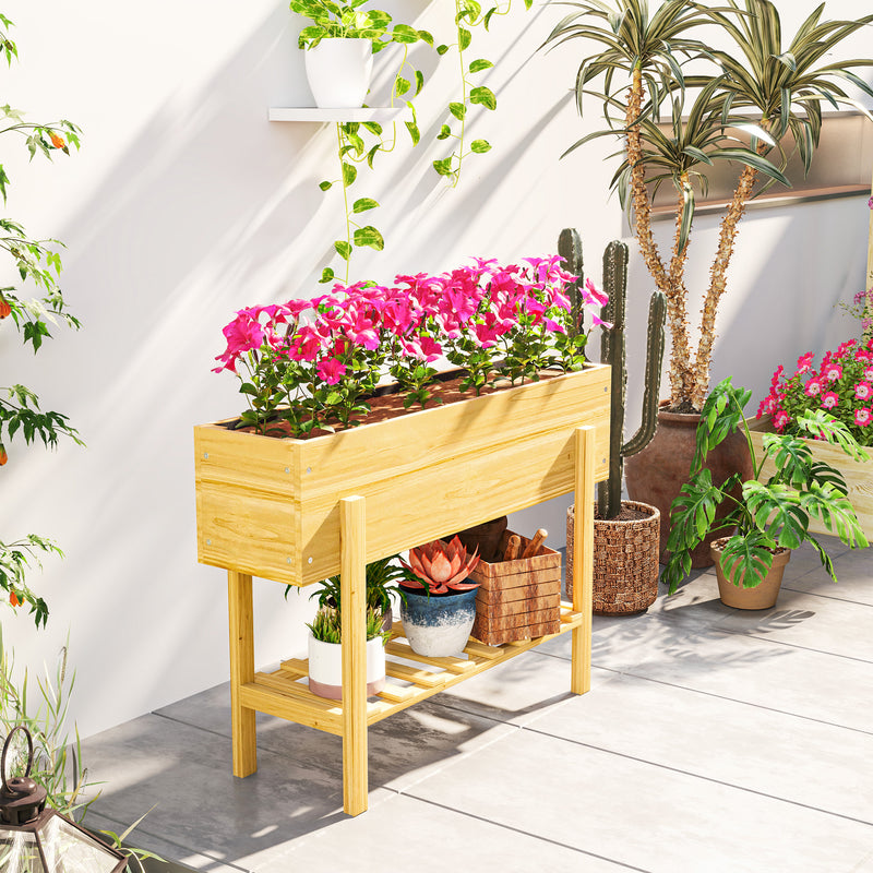 Wooden Raised Garden Bed with Liner Storage Shelf and Drainage for Vegetables and Flowers by Outsunny