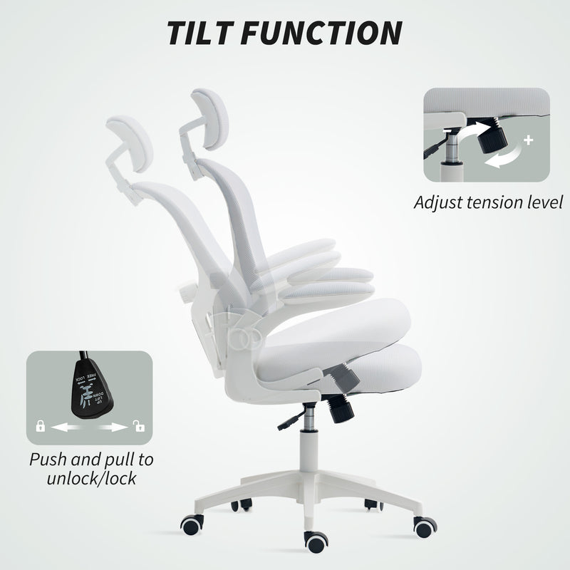 White Ergonomic Mesh Office Chair With Lumbar Support Headrest And Adjustable Design