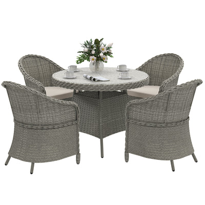 Grey 4 Seater Rattan Garden Dining Set With Cushions and Glass Top Table by Outsunny