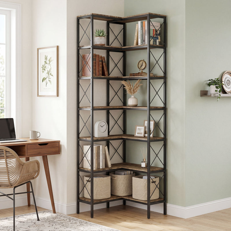 Corner Bookcase with 6 Shelves for Space Saving Storage in Small Rooms Rustic Brown