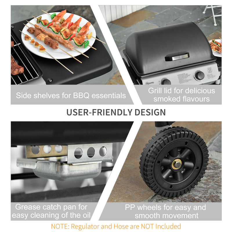 2 Burner Gas BBQ Trolley with Lid 5.6 kW Grill Wheels and Side Shelves Grey by Outsunny