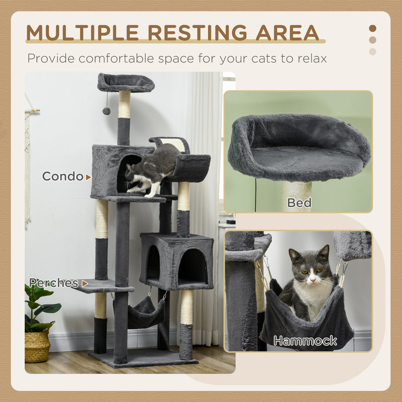 Multilevel Cat Tree Tower with Hammock Scratching Posts and Hideaway House Dark Grey