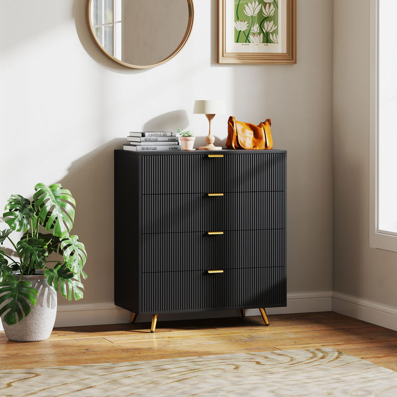 Black Four Drawer Elegant Bedside Table for Bedroom Storage by HOMCOM