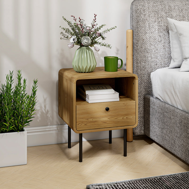 Bedside Table with Drawer and Open Shelf for Bedroom Storage Oak