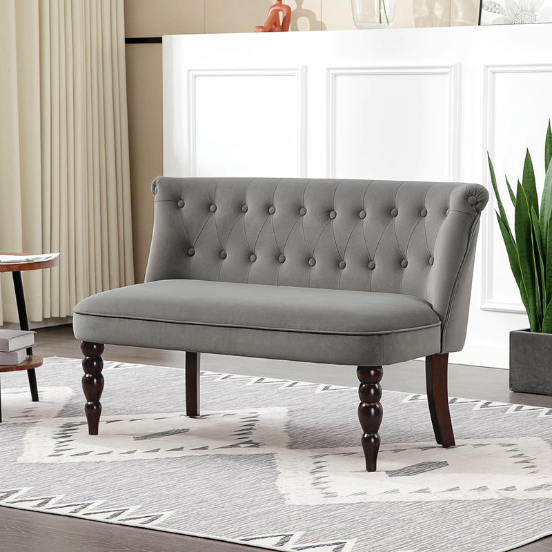 Charcoal Grey Velvet 2 Seater Wingback Sofa with Tufted Backrest and Wood Legs for Living Room