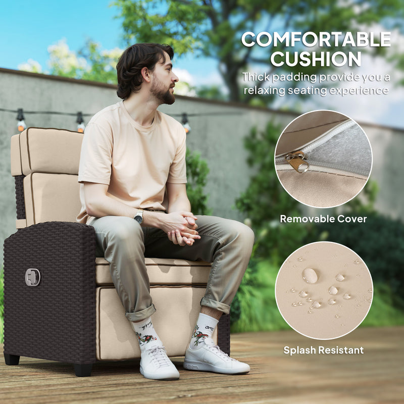 Rattan Garden Recliner Chair With Adjustable Backrest Cushion and Footrest by Outsunny