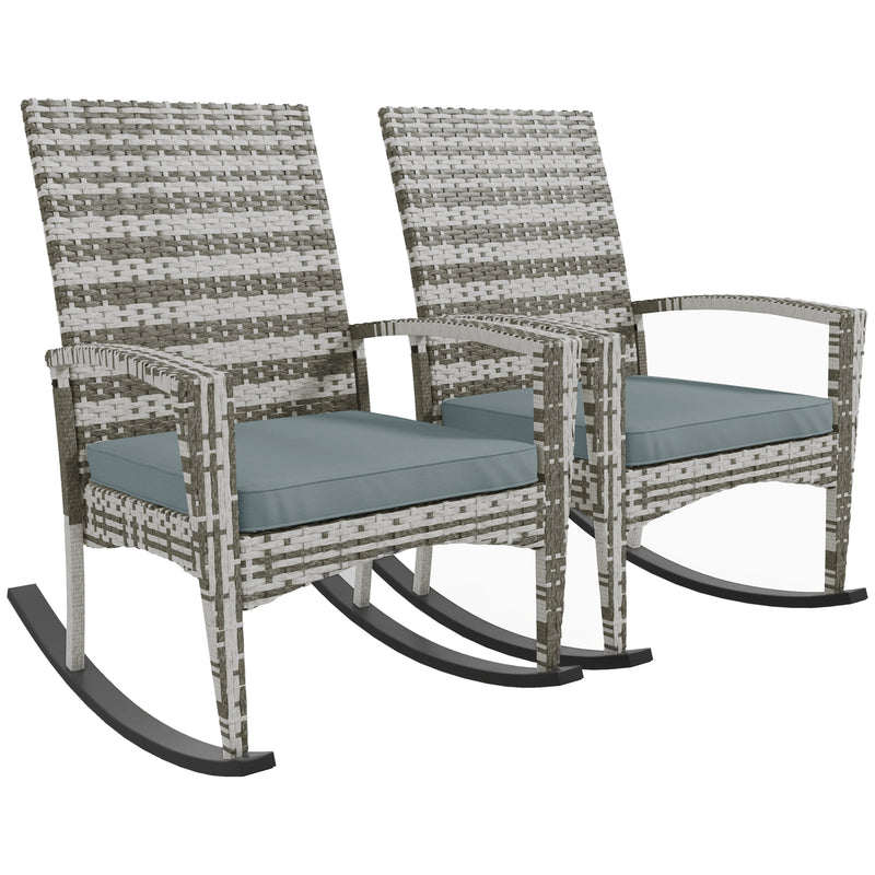 Set of 2 Rattan Garden Rocking Chairs with Cushions and Armrests for Patio Use, Light Grey