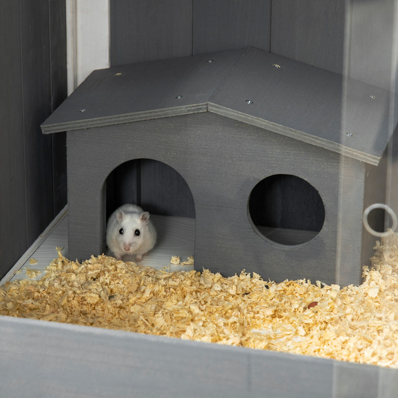Wooden Hamster Cage with Shelves and Huts for Dwarf Hamsters and Gerbils, Grey