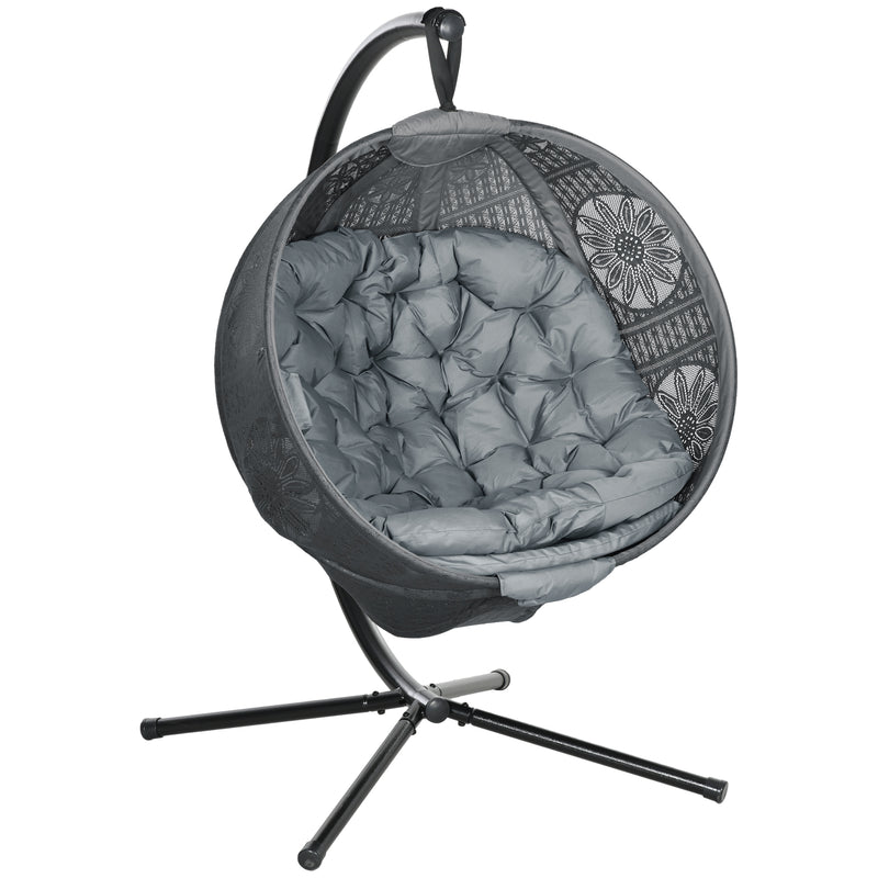 Charcoal Grey Round Egg Basket Chair with Steel Stand and Comfy Cushions by Outsunny