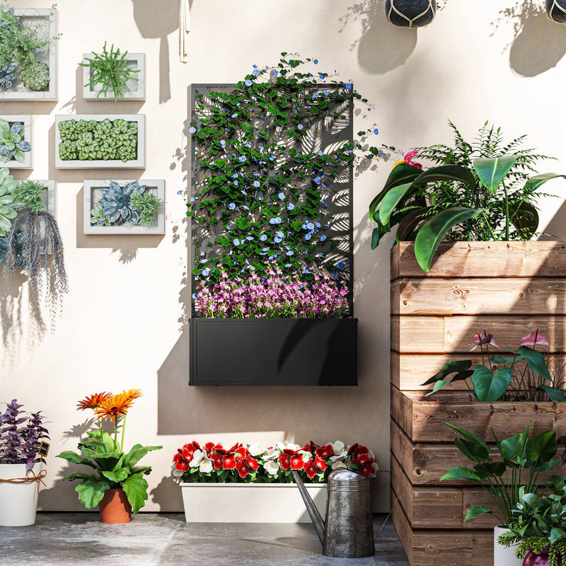 Black Metal Outdoor Planter With Trellis for Climbing Plants and Garden Display