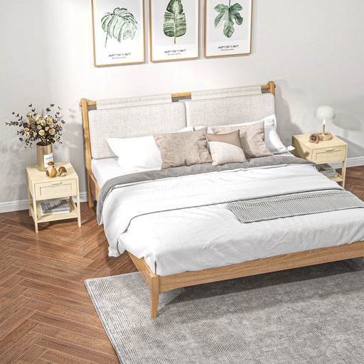 Set of 2 Farmhouse Bedside Tables with Rattan Drawers and Open Shelf Storage Natural