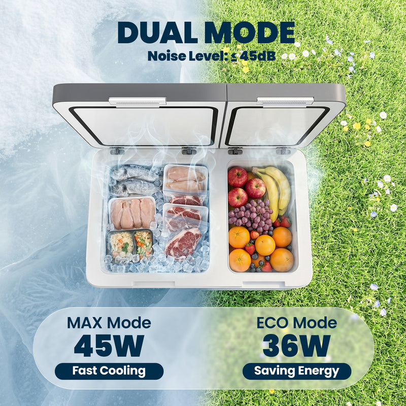 Portable Dual Zone Car Fridge Freezer 45L for Fresh Food and Drinks on the Go Grey