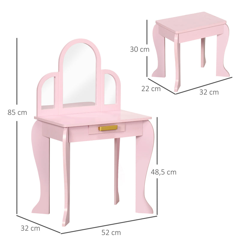 Kids Vanity Dressing Table Set with Mirror and Storage Drawer for Bedroom, Pink