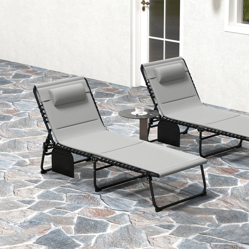 Set of 2 Folding Sun Loungers with Reclining Backrest and Side Pocket Light Grey by Outsunny