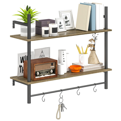 Grey Wall Mounted Floating Shelf With 4 Hooks for Living Room or Entryway by HOMCOM