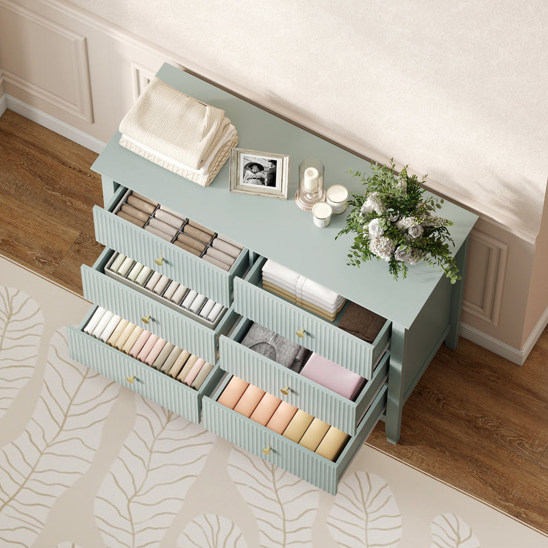 Green 6 Drawer Chest of Drawers With Fluted Drawer Fronts and Gold Knobs - 100x40x78cm Homcom
