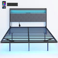 Double Floating Bed Frame with LED Lights, Charging Ports and Storage Shelves, Grey Homcom