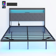 Double Floating Bed Frame with LED Lights, Charging Ports and Storage Shelves, Grey Homcom