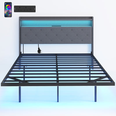 Double Floating Bed Frame with LED Lights, Charging Ports and Storage Shelves, Grey Homcom