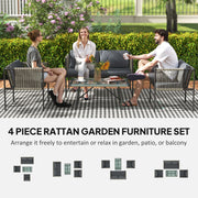 Grey 4 Seater Rattan Garden Furniture Set with Cushions and Glass Table by Outsunny