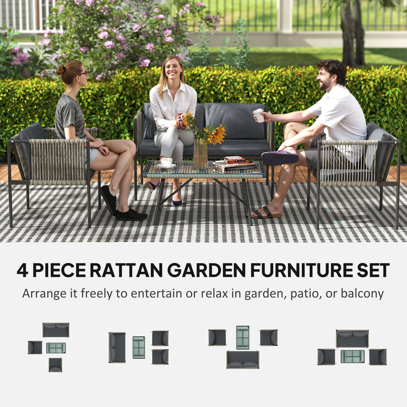 Grey 4 Seater Rattan Garden Furniture Set with Cushions and Glass Table by Outsunny