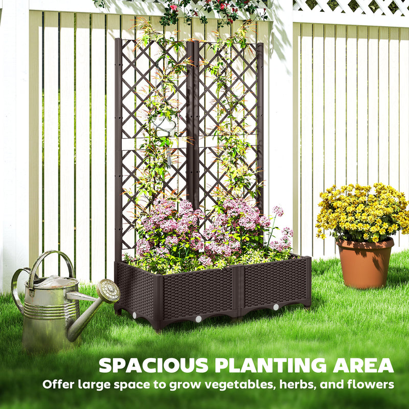 Brown Raised Garden Bed with Trellis Plastic Planter Box with Drainage for Climbing Plants by Outsunny