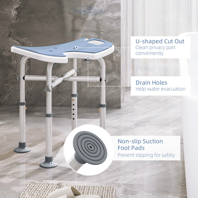 Height Adjustable Padded Shower Stool with U Shaped Seat for Bathroom Safety, Light Blue