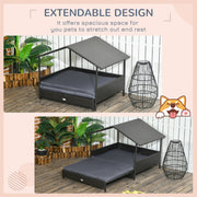 Extendable Elevated Rattan Dog Bed with Water-Resistant Roof and Cushion for Outdoors Grey