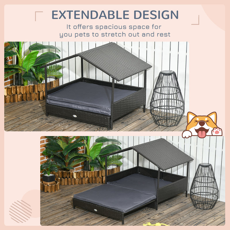 Extendable Elevated Rattan Dog Bed with Water-Resistant Roof and Cushion for Outdoors Grey