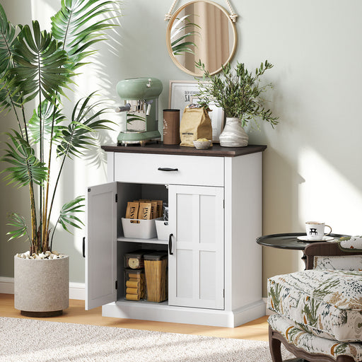 White Farmhouse Sideboard with Barn Doors and Thick Wooden Top for Kitchen Storage