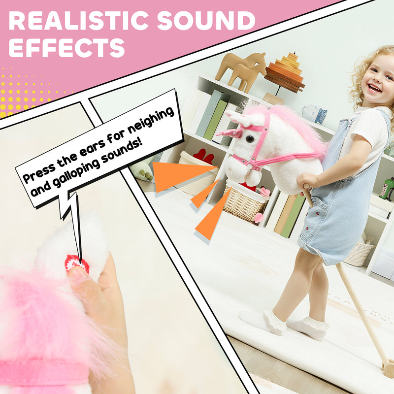 Unicorn Stick Horse Toy With Wheels and Realistic Sounds for Kids Riding Fun White AOSOM