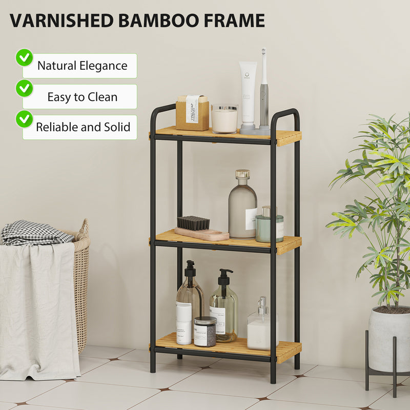 3 Tier Bamboo Bathroom Shelf Freestanding Storage Unit With Slatted Shelves Natural, Black