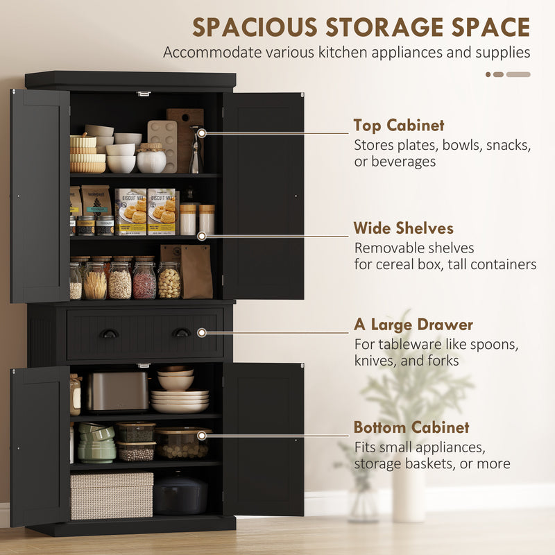 Tall Kitchen Storage Cabinet With Adjustable Shelves and Deep Cupboards Black
