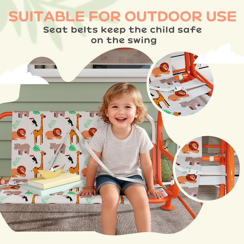 2 Seater Kids Garden Swing Bench With Adjustable Canopy And Safety Belts, Orange Aiyaplay