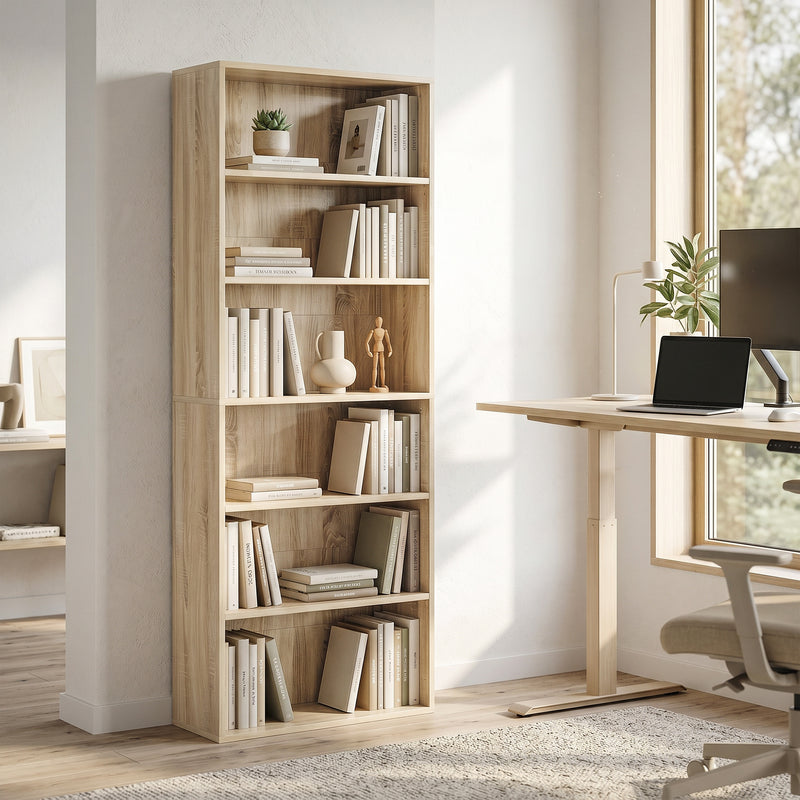 Tall Bookshelf with Adjustable Shelves for Living Room or Office Organisation Oak Wood Effect