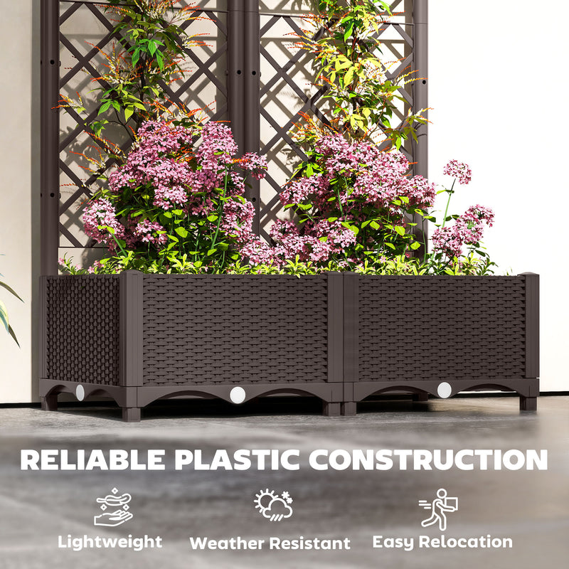 Brown Raised Garden Bed with Trellis Plastic Planter Box with Drainage for Climbing Plants by Outsunny