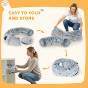 2 in 1 Donut Cat Tunnel Bed with Toy Ball and Door Hole for Indoor Play, Light Grey