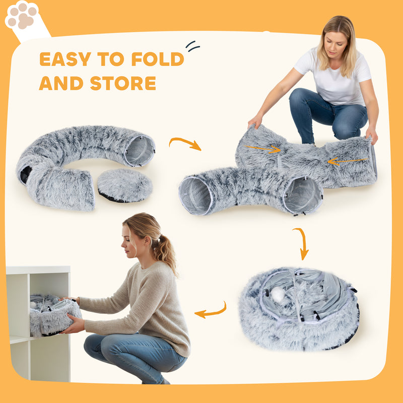 2 in 1 Donut Cat Tunnel Bed with Toy Ball and Door Hole for Indoor Play, Light Grey