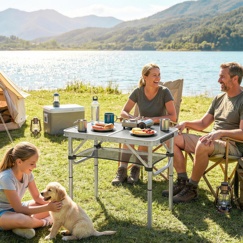 Folding Camping Table with Adjustable Height and Mesh Storage for Outdoor Meals Black and Silver