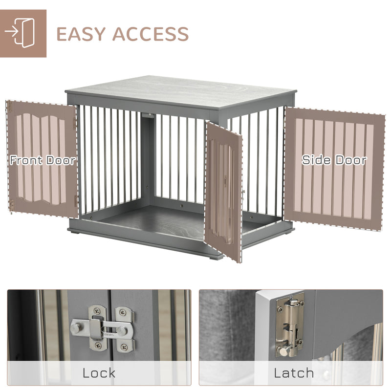 Wooden Dog Crate End Table with Triple Doors and Locks for Indoor Use Grey