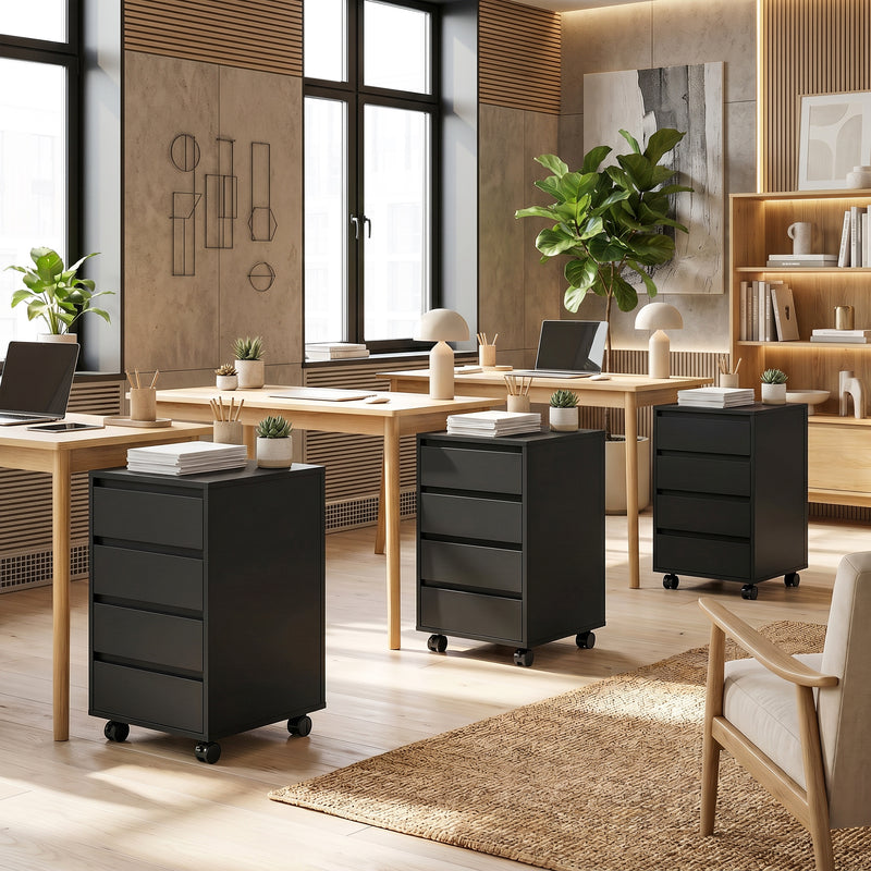 Office Storage Cabinet with 4 Drawers and Lockable Wheels for Tidy Desks Black