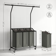 Dark Grey Rolling Laundry Sorter With Hanging Rail and 3-Bag Organiser by HOMCOM