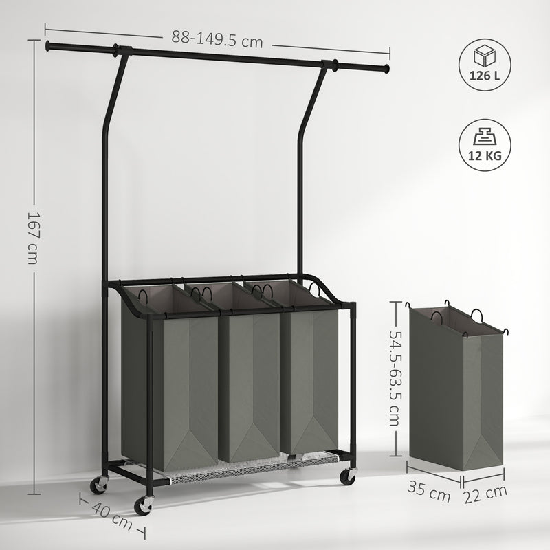 Dark Grey Rolling Laundry Sorter With Hanging Rail and 3-Bag Organiser by HOMCOM