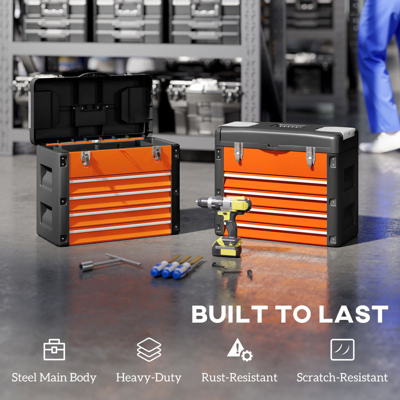 Large Orange Metal Toolbox With 4 Drawers For Organised Garage Or Workshop Storage AOSOM