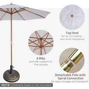 3m Wooden Garden Parasol with Pulley Mechanism and Base for Patio or Market Use White AOSOM