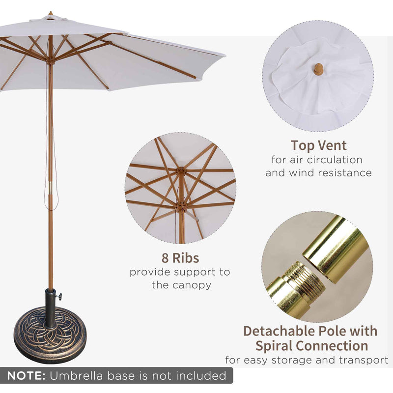 3m Wooden Garden Parasol with Pulley Mechanism and Base for Patio or Market Use White AOSOM