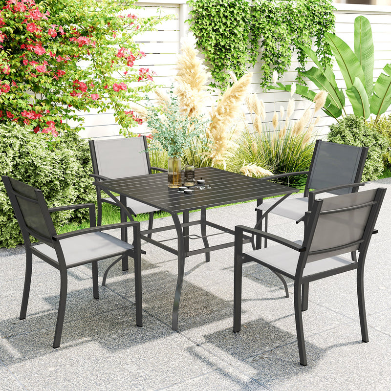 Dark Grey 4 Seater Square Garden Dining Table With Parasol Hole And Slatted Metal Top
