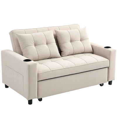 Two Seater Pull Out Sofa Bed with Storage Ideal for Guests and Small Spaces, Beige
